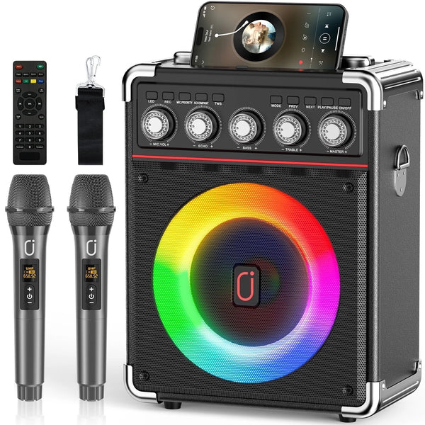 FanFun Party Speaker with 2 Microphone, 6.5" Subwoofer Portable Bluetooth Speaker with DJ Lights and Remote Control, 20W Powerful Stereo Sound and Deep Bass Outdoor Speaker