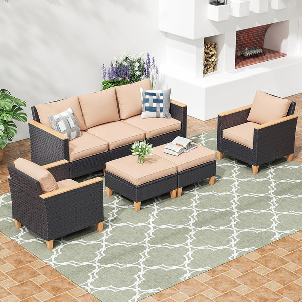 Farini Outdoor Furniture Set, 7 Piece Patio Sectional Furniture Set with Cushions, PE Outdoor Wicker Conversation Set Sectional Patio Sofa, All-Weather Rattan Sofa for Backyard, Garden, and Poolside