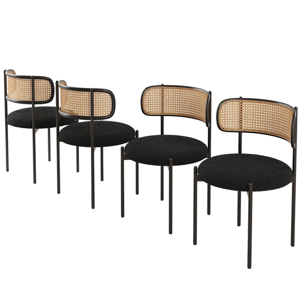 Farini Upholstered Dining Chair Set of 4, Rattan Backrest Kitchen Chair, Black