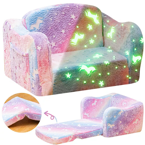 Hooseng Toddler Couch, 2-in-1 Glow-in-The-Dark Plush Kids Fold-Out Sofa, Convertible Kids Sofa to Lounger with Curved Armrests for Boys & Girls
