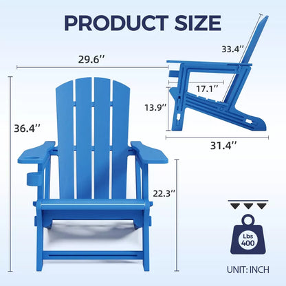 GlasFlength Folding Adirondack Patio Seating Sets, 2PCS with Cup Holder, Suitable for Indoor, Outdoor, Garden, or Backyard，Blue, 31.4"*29.6"*36.4"