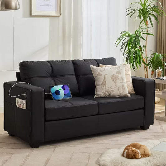 TYBOATLE 88" Faux Leather L-Shaped Sectional Sofa, Comfy Modular Couch with Chaise & USB, Convertible Sofa for Living Room, Bedroom, or Small Spaces