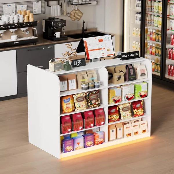 PAKASEPT 47.7" W Reception Desk with Counter for Retail & Checkout, Modern Front Reception Counter with LED Lights,Drawers & Shelves, for Shop,Bar