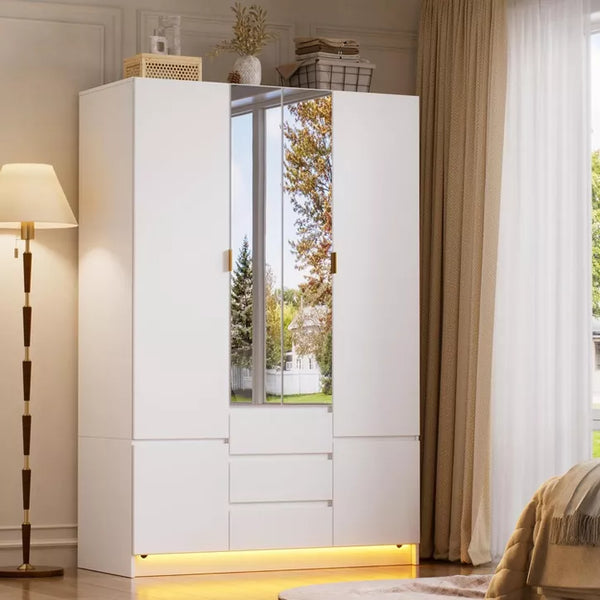 PAKASEPT 47" W Armoire Wardrobe Closet with 4 Door & 2 Mirror, with LED Light & 3 Drawers, Storage Cabinet with Hanging Rod for Bedroom