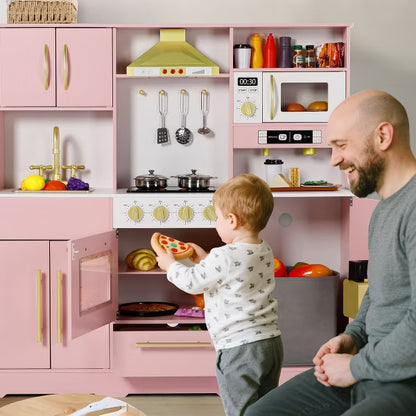 Kinder King Wooden Kids Play Kitchen, Toy Kitchen Playset for Toddler, Realistic Kitchen Sets w/Lights & Sounds, Gift for Boys Girls Age 3+