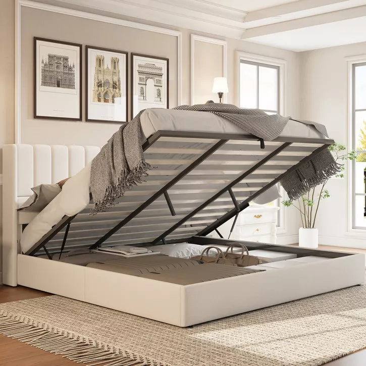 AMERLIFE Lift Up Storage Bed Frame with Vertical Channel Tufted Headboard and Wingback