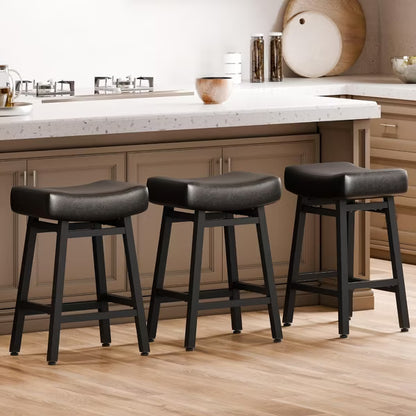 DYHOME 24 Inches Bar Stools, Saddle Kitchen Stools with PU Leather Cushion Counter Height Barstools, Set of 3