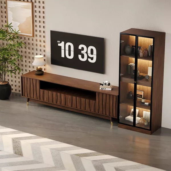 ATJafurn 3-Piece Entertainment Center, Mid-Century Modern Living Room Furniture Wood TV Stand and Coffee Table Set with Glass Display Cabinet