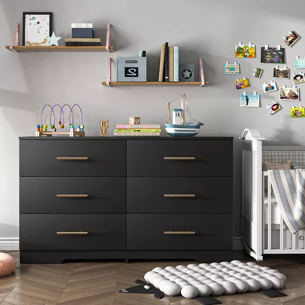 Resenkos 6-Drawer Wide Chest of Drawers, Storage Drawer Organizer, Traditional Bedroom Dresser, Sideboard Buffet for Living Room, Black