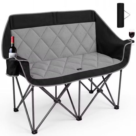 SUNSPIRE Double Oversized Camping Chair Folding Loveseat Padded Camping Couch with Cup Holder for Outdoor Beach Sports Fishing Black And Grey
