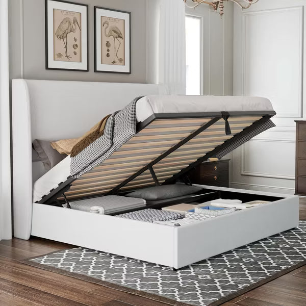 King Bed Frame with Lift Up Storage,Linen Upholstered Platform Bed,Wingback Headboard,White