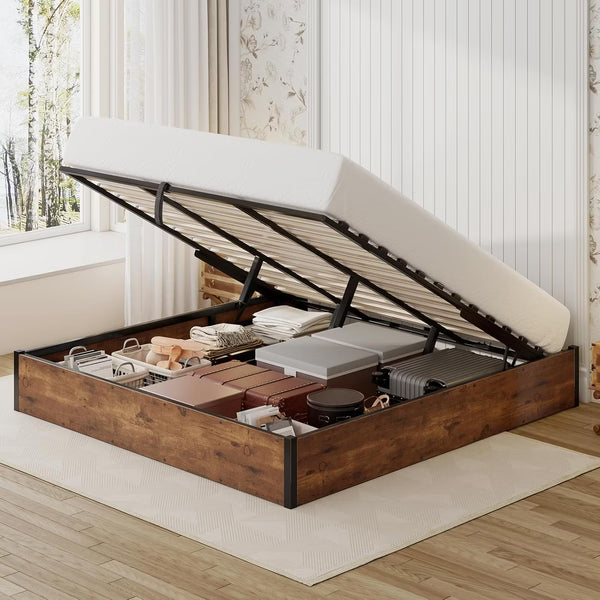 AMERLIFE Lift Up Storage Platform Bed Frame, Metal Bed Frame with Wooden Slats Support, No Headboard