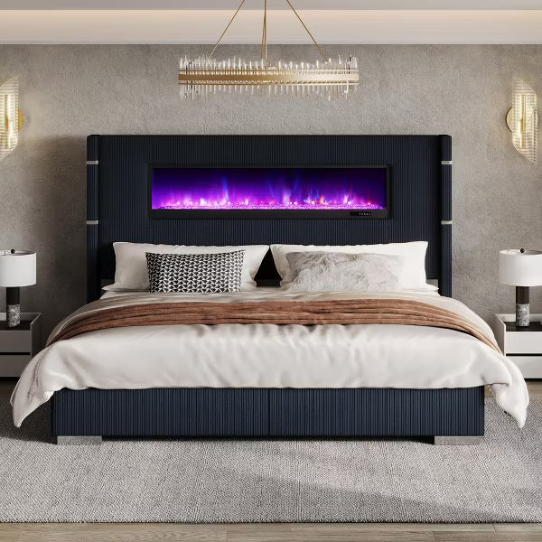 AMERLIFE Modern Bed Frame with Fireplace, Wingback Platform Bed Frame with 60.4“ Extra Tall Headboard, Beige