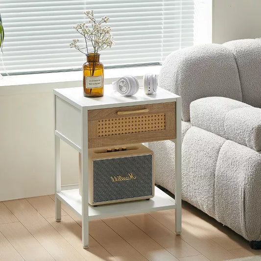 Wooakway 15.75"L 21.26"H 13.78"D Rattan End Table Side Table Nightstand with Adjustable Feet Power Outlet USB Ports