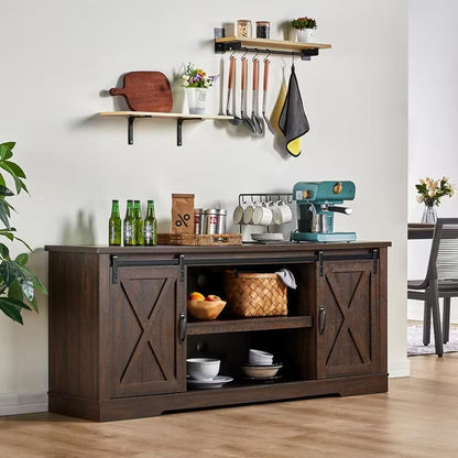 AMERLIFE 66" Farmhouse TV Stand for 75 Inches TVs, Entertainment Center with Sliding Barn Door