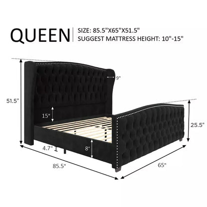 AMERLIFE Platform Bed Frame, Velvet Upholstered Bed with Deep Button Tufted