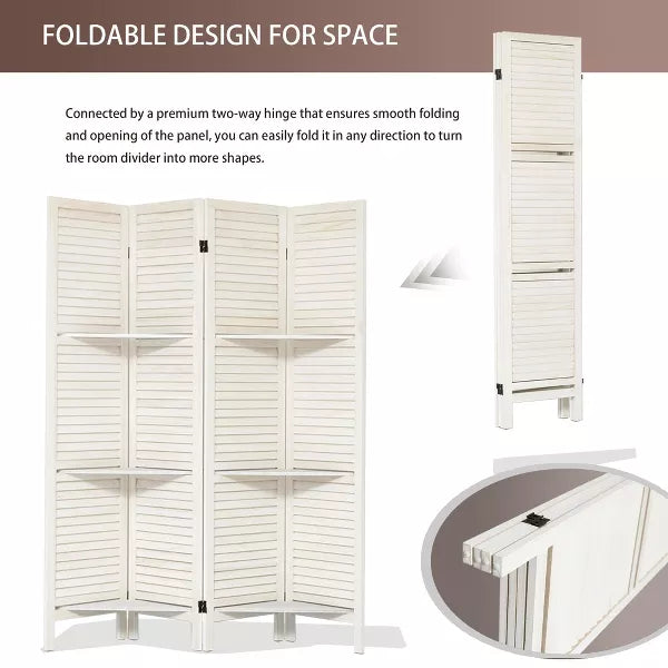 Wooakway 4 Panel Wood Room Divider with Shelves, Folding Privacy Screen, Room Separators Divider Wall