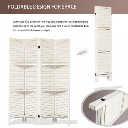 Wooakway 4 Panel Wood Room Divider with Shelves, Folding Privacy Screen, Room Separators Divider Wall