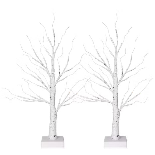 DR.Planzen 24" White Birch Christmas Tree Set of 2, LED Lighted Artificial Mini Trees with Warm Lights, Gift Card Display Trees for Home Holiday Decor