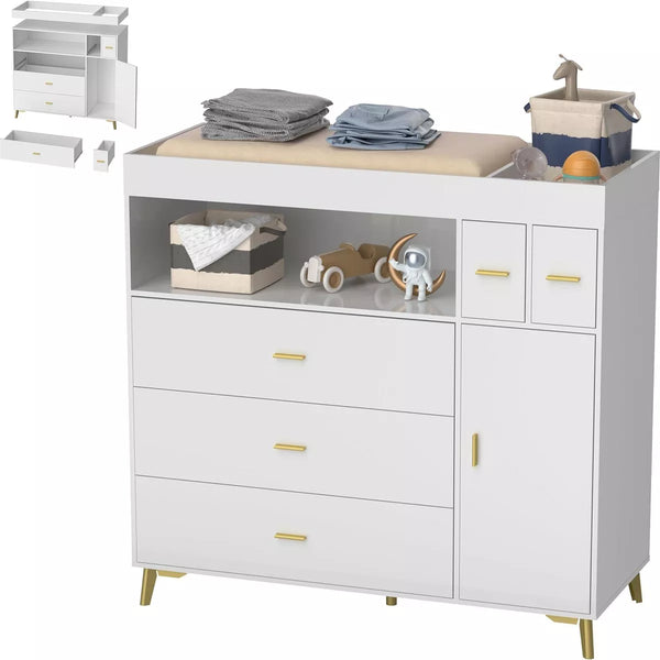 PAKASEPT Changing Table with Drawers, Changing Table Dresser with 5 Drawer & Cabinet