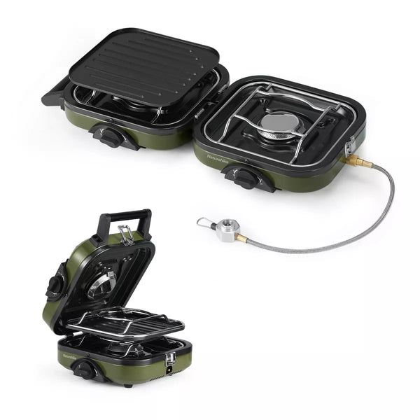 Naturehike 2 Burner Folding Camping Stove with Griddle, Portable Camp Isobutane Gas Stove with 16000 BTU Adjustable Burners & Piezo Ignition