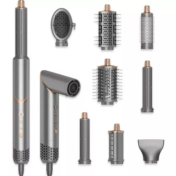 Dryhsip 8-in-1 Foldable Hot Air Styler, High-Speed Hair Dryer Brush with 7 Attachments, Negative Ion, 3 Heat/Speed Settings, Travel-Friendly, Gray