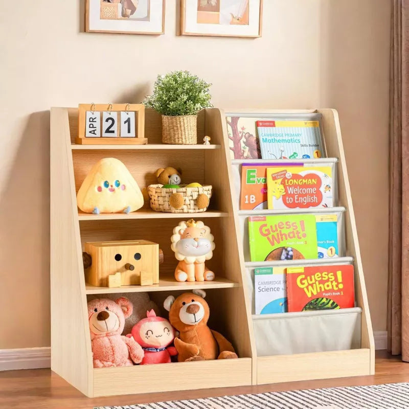 FONTOI Kids Bookshelf for Kids Rooms, 4 Tier Sling Bookcase Baby Toy Organizer Toddler Nursery Book Shelves, Brown, 35.4"x 15.7" x 31.5"