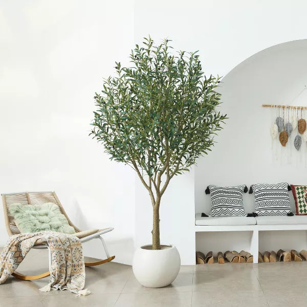 DR.Planzen 5-8FT Lush Artificial Olive Tree - UV Resistant Fake Plant with Black Fruits in 7x8" Black Pot for Indoor/Outdoor House & Floor Decor