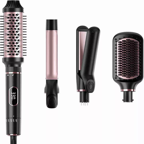 NICEBAY 4-in-1 Hair Tool set - Hair Straightening Brush, Thermal Brush, Flat Iron & 1" Ceramic Curling Iron, 5 Temps, Fast Heating, Dual Voltage