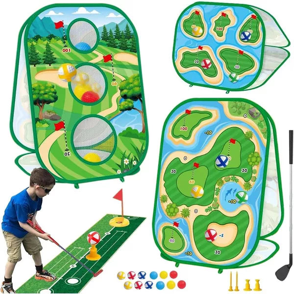 TITQWOP 4-in-1 Sticky Golf Games Set for Kids&Adults – Golf Putting Mat,Chipping Net,Cornhole Board&Retractable Club,Indoor/Outdoor Practice Toy