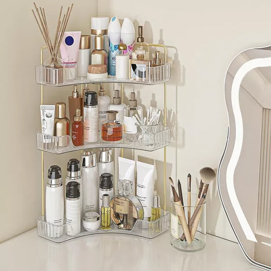BRINJOY Corner Bathroom Counter Organizer Bathroom Countertop Shelf Makeup Organizer for Vanity Perfume Tray for Corner Storage (3 Tiers, White)