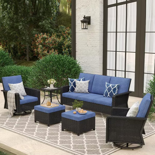 SUGOLD Hand Woven Wicker Patio Conversation Set with Blue Cushions