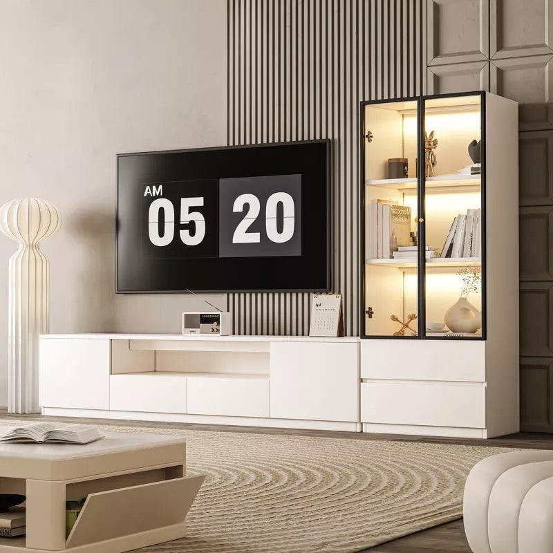 ATJafurn Media Console for TVs up to 75'', Modern Entertainment Center Living Room Cabinet Set Includes TV Stand Glass Display And Drawer Cabinet