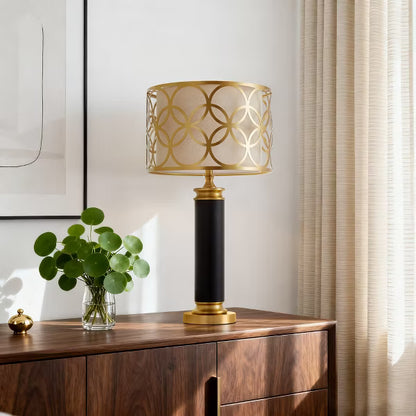 GTCLIGHTING 32.3" Faux Leather Table Lamps for Living Room,Black Gold Modern Nightstand Lamps with Metal hollow lampshade for Bedroom Bedside