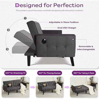 TYBOATLE 65 inch Convertible Velvet Futon Sofa Bed, Modern Upholstered Couch with USB, Folding Loveseat for Small Space, Apartment, Office