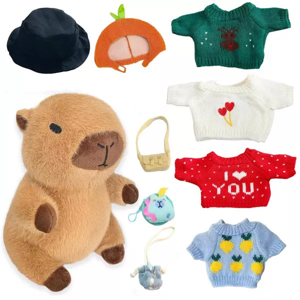 TITQWOP Capybara Plush Toy with 9 Clothes and Accessories Super Soft Capybara Stuffed Animal for Kids Girls Boys 10.2inch