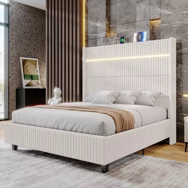 AMERLIFE Bed Frame with LED Lights Charging Station, Corduroy Upholstered Platform Bed Frame