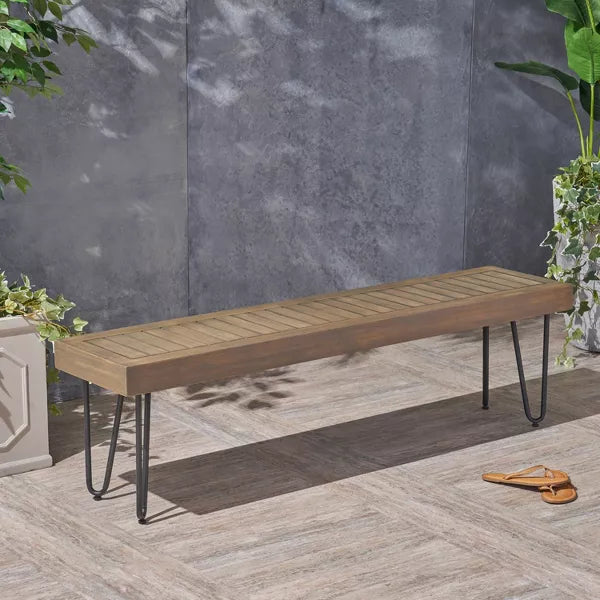 Wooakway Modern 61" L Weather-resistant Patio Bench With Powder-Coated Metal Hairpin Legs & Acacia Wood Top For Garden Sunroom Poolside Decoration