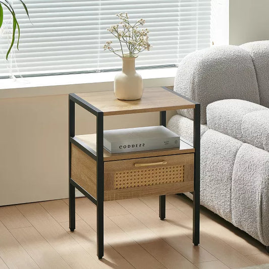 Wooakway 15.75"L 21.26"H 13.78"D Rattan End Table Side Table Nightstand with Adjustable Feet for Living Room Bedroom