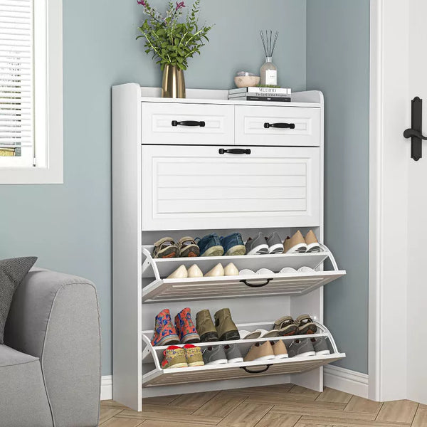 CIPACHO Narrow Large Shoe Storage Cabinet 3 Flip Drawers 2 Top Drawers for Entryway Hallway