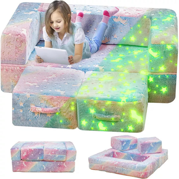 Hooseng Glow in The Dark Kids Modular Sofa, 3-in-1 Convertible Toddler Play Couch with Memory Foam & Floor Cushion for Playroom & Bedroom