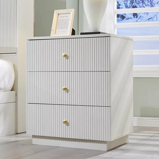 SinCiDo Fluted Nightstand with Charging Station, 21.65" Wide Modern Wood Bedside Table w/3 Storage Drawers for Bedroom, Living Room