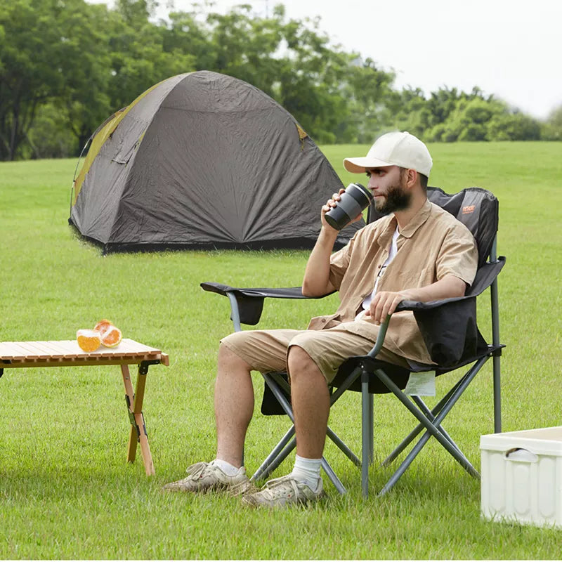 VEVOR Camping Folding Chair for Adults, Portable Heavy Duty Outdoor Quad Lumbar Back Padded Arm Chairs with Side Pockets, Cup Holder and Cooler Bag