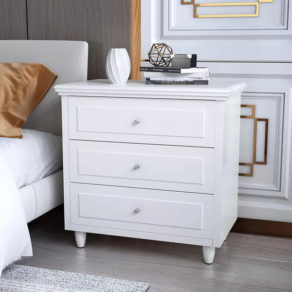 Hooseng 3 Drawers Nightstand with Wood Legs,Modern White Drawers Dresser Bedside Nightstand for Bedroom,Living Room