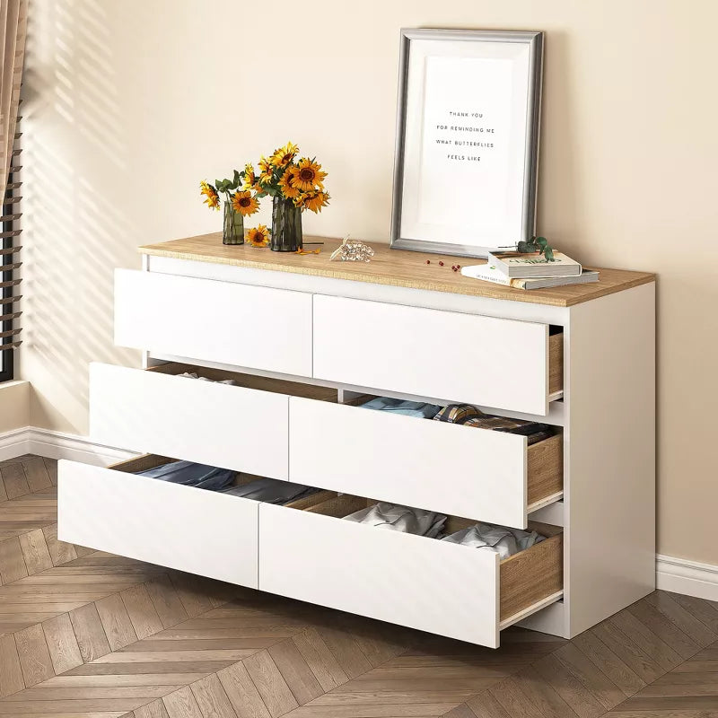 Resenkos Modern Mid Century 6 Drawer Wide Dressers Chests for Bedroom, Chest of Drawer Organizer Grey