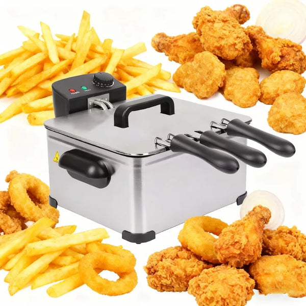 WHALL 3 Baskets,5 L Oil Capacity Deep Fryer,Temperature Control,Stainless Steel,1700 W
