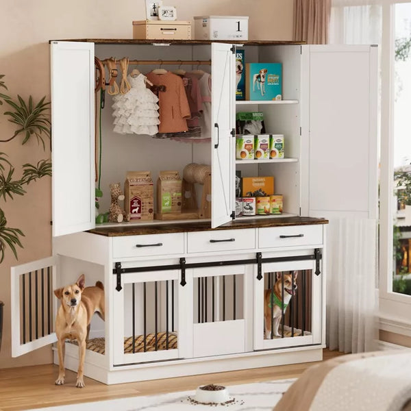 PAKASEPT 71" Tall Dog Crate Furniture, Indoor Dog Kennel with Wardrobe Closet, 46.5" W Dog Cage for Large/Medium Dogs, Wood Dog Crates with 3 Drawers