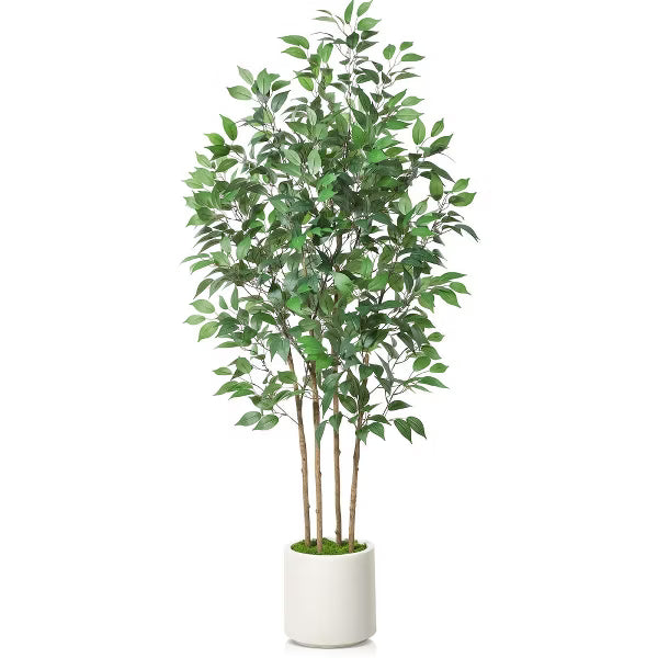 DR.Planzen 5-7FT Artificial Ficus Tree Adjustable Faux Tree with Real-Wood Branches & White Planter Indoor/Outdoor Perfect Home Decor for House Gift