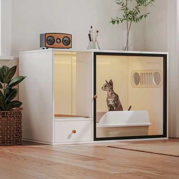 ATJafurn 37.4''Cat Litter Box Enclosure Furniture Style White Cat Cabinet Side Table with Storage Space For Living Room