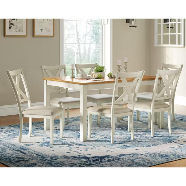 AMERLIFE 60" Space Saving 7-Piece Farmhouse Solid Wood Dining Table Set with 6 Upholstered Chairs, Brown & White